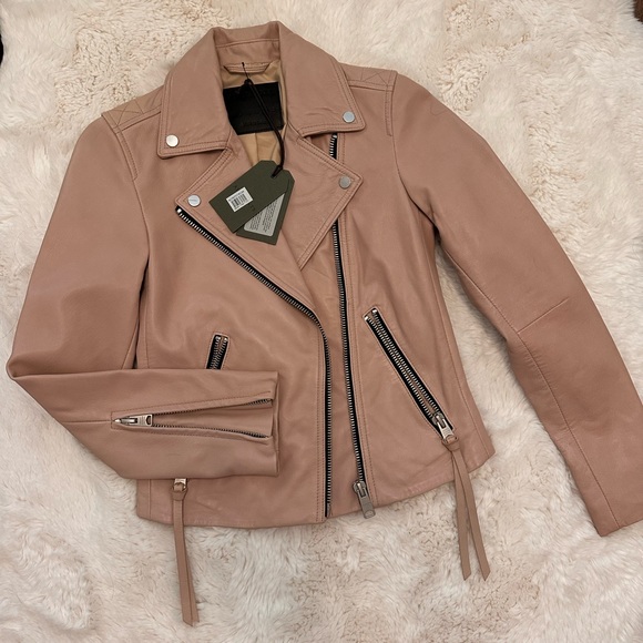 All Saints Dalby Leather Biker Jacket in Misty Pink - Picture 3 of 7